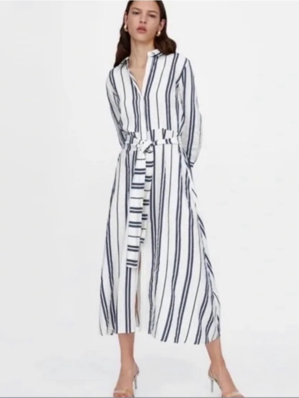 Zara White and Navy Vertical Stripe Maxi Shirt Dress